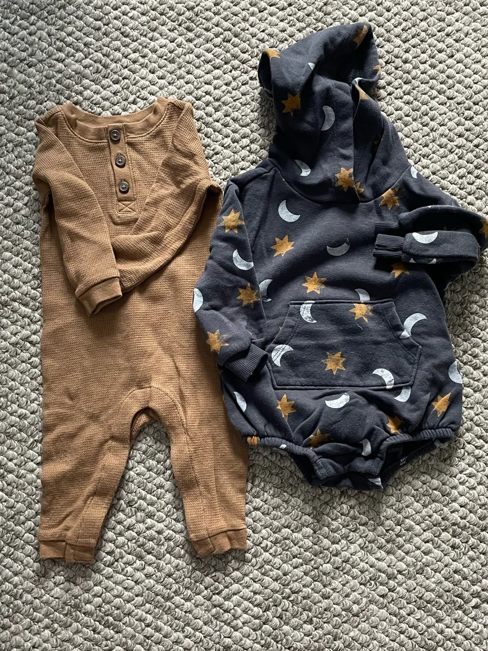 Old Navy Moon & Star Hooded Romper with Brown Thermal Henley One-Piece Set
